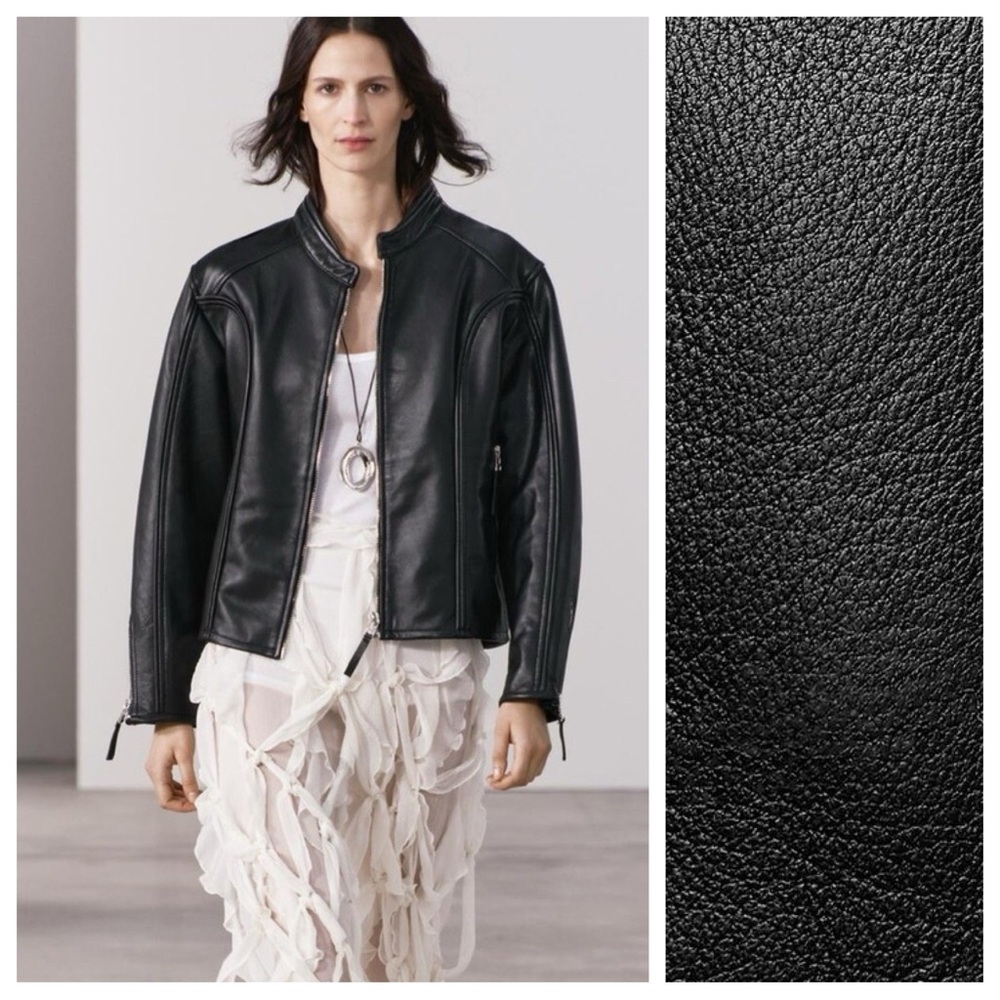 NWT. Zara ZW Collection Black 100% Leather Jacket with Zipper. Size L.
